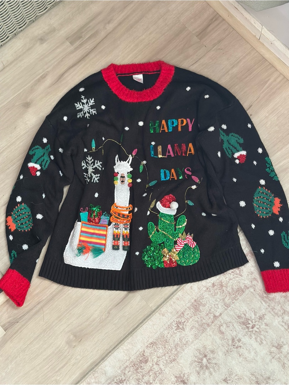 Size L Happy Llama Days Christmas Sweater Sequin Cactus Ugly Holiday Sweater
